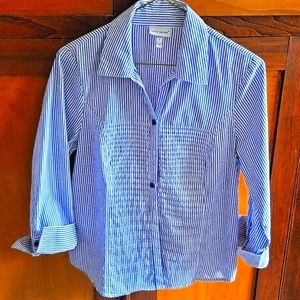 Harve Bernard Shirt Blouse. White/Navy Stripes.Pintucking in front. Smal…